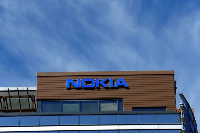 A Nokia logo is seen at company's headquarters in Espoo