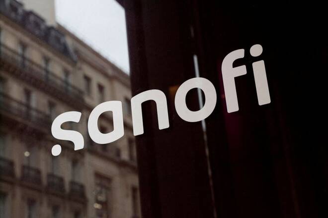 Sanofi logo at the company's headquarters during the annual results news conference in Paris