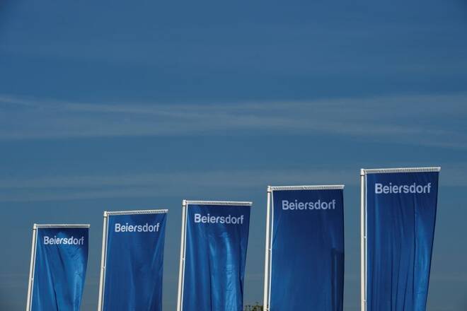 Flags of German personal-care company Beiersdorf are pictured at the annual shareholders meeting in Hamburg