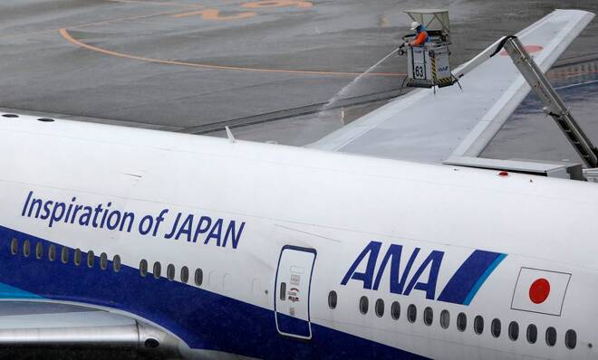 A man works near an All Nippon Airways' (ANA) air plane parked at Haneda airport in Tokyo