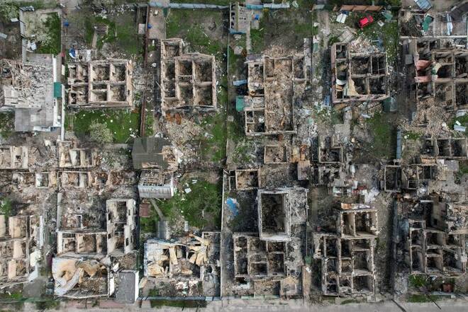 A view shows residential buildings destroyed during Russia’s invasion of Ukraine in Irpin