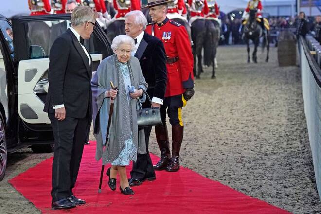 Britain's Queen Elizabeth arrives for the "A Gallop Through History Platinum Jubilee" celebration at the Royal Windsor Horse Show at Windsor Castle
