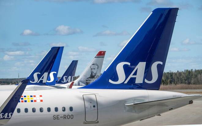 Scandinavian Airlines (SAS) planes are pictured at the Arlanda airport, north of Stockholm