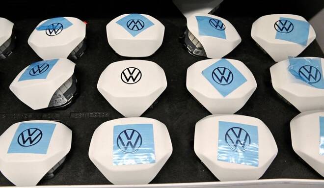 Pieces with the Volkswagen logo are pictured at the production line for electric car models of the Volkswagen Group, in Zwickau