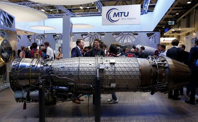 A MTU Aero Engines EJ 200 turbofan aircraft engine is pictured at the ILA Berlin Air Show in Schoenefeld