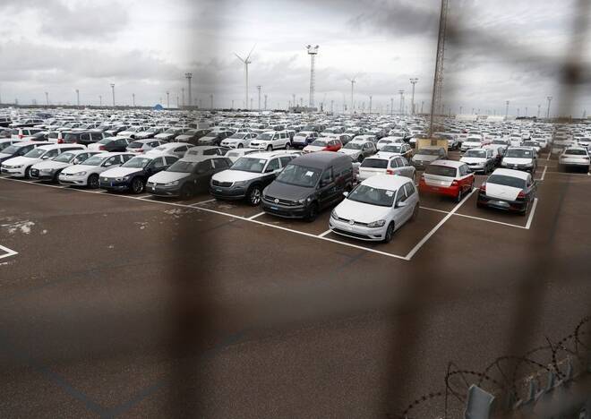 Imported cars are parked in a storage area at Sheerness port, Sheerness