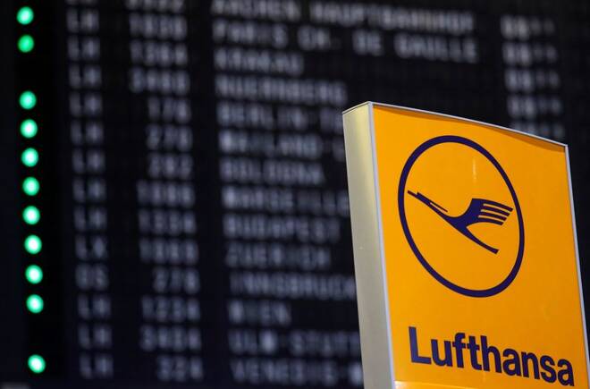 An advertising board of German air carrier Lufthansa is seen at the airport in Frankfurt