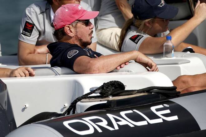 Larry Ellison, Founder and former CEO of Oracle Inc. watches a training race from a motor boat ahead of the America's Cup World Series sailing competition on the Great Sound in Hamilton