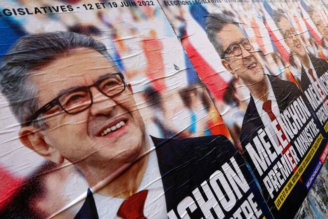 Jean-Luc Melenchon, leader of the far-left opposition party La France Insoumise posters in Paris