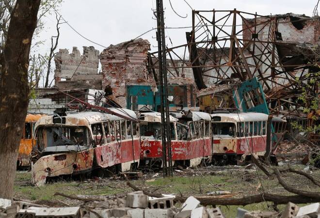 Destroyed trams are seen in a depot in Mariupol