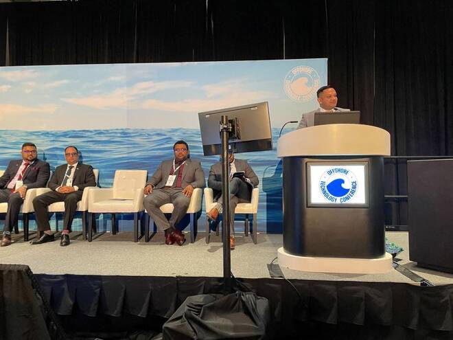 Guyana's Natural Resources Minister Bharrat speaks during the Offshore Technology Conference in Houston