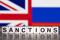 Illustration shows letters arranged to read "Sanctions" in front of Union Jack and Russian flag colors