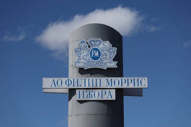 The company's logo is seen near the Philip Morris Izhora factory outside Saint Petersburg