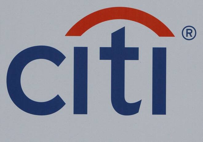 The logo of Citibank is seen on a board at the SPIEF 2017 in St. Petersburg