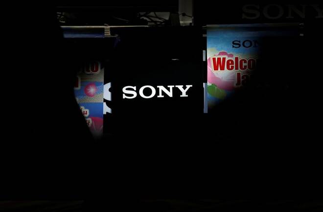 A logo of Sony Corp is seen at an electronics store in Narita International airport in Narita