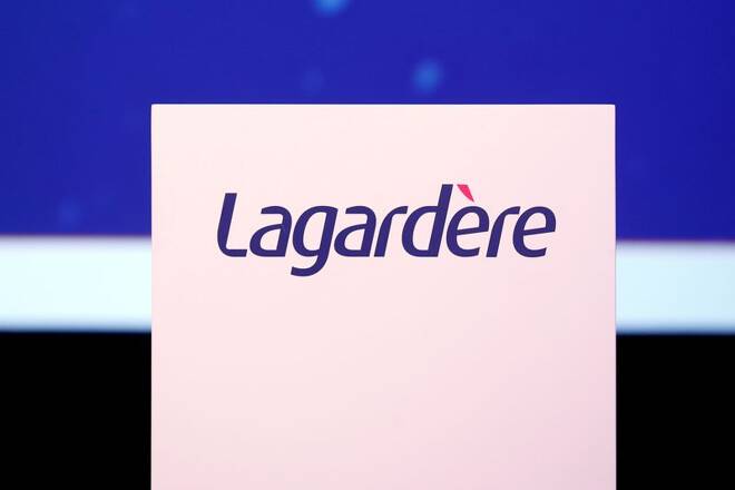 The logo of French media group Lagardere is seen during the groups annual general meeting in Paris