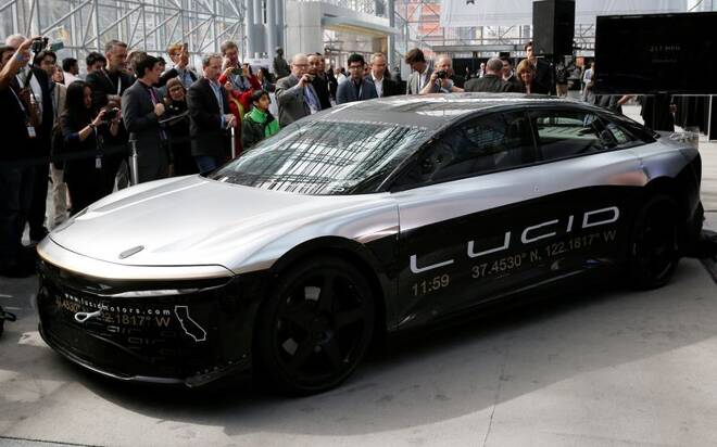 Lucid Air speed test car displayed at the 2017 New York International Auto Show in New York