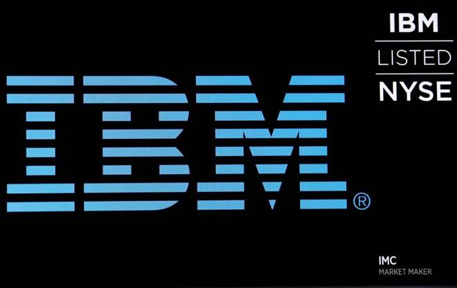 The logo for IBM is displayed on a screen on the floor of the NYSE in New York