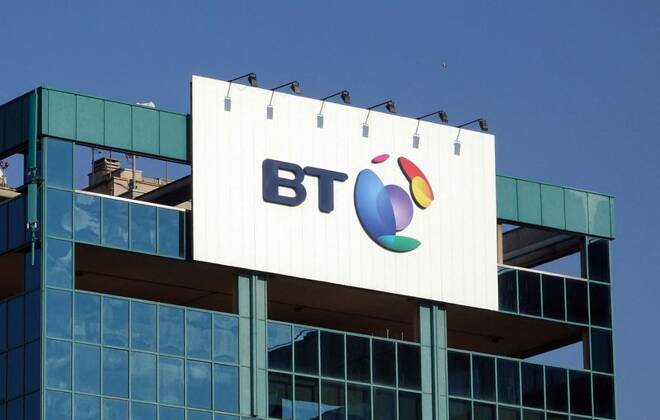 The logo of BT is seen outside the headquarters in Milan