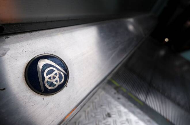 The logo of German steelmaker ThyssenKrupp AG is seen on an escalator at Frankfurt's main railways station in Frankfurt