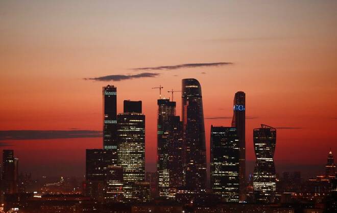 The skyscrapers of the Moscow International Business Centre, also known as "Moskva-City", are seen just after sunset in Moscow