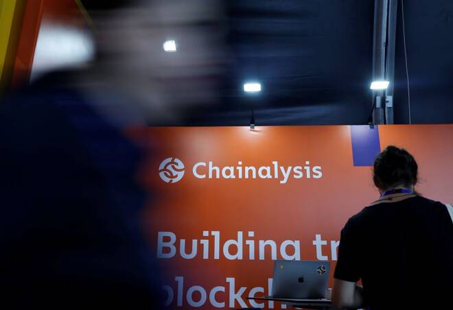 The logo of Chainalysis is seen on their exhibition stand at the Delta Summit, Malta's official Blockchain and Digital Innovation event promoting cryptocurrency, in Ta' Qali