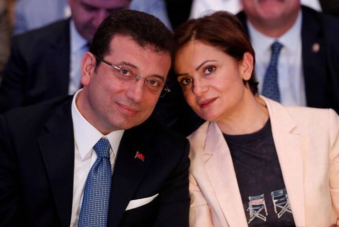 Imamoglu, main opposition CHP's Istanbul mayoral candidate, is pictured with his party's Istanbul chair Kaftancioglu during a campaign coordination meeting in Istanbul