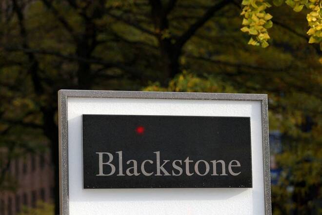 Signage is seen outside Blackstone's headquarters in Manhattan, New York
