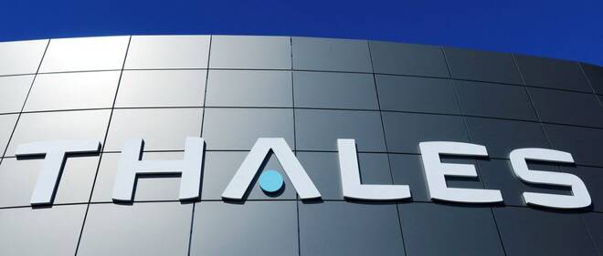 The logo of French defence and electronics group Thales is seen at the company's headquarters in Merignac near Bordeaux