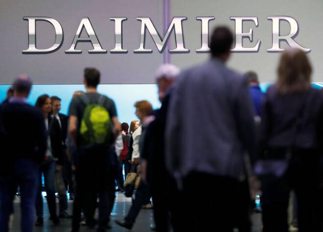 The Daimler logo is seen before the Daimler annual shareholder meeting in Berlin