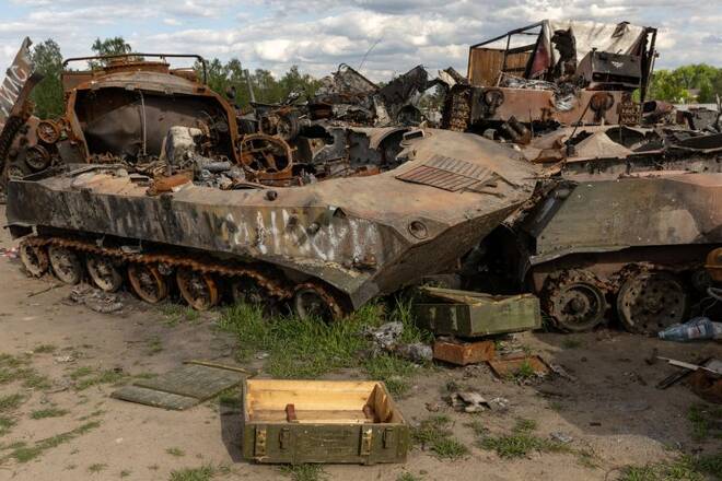 Destroyed Russian tanks and military vehicles are seen dumped in Bucha amid Russia's invasion in Ukraine