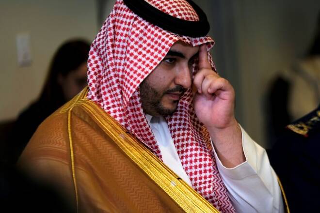 Saudi Arabia's Deputy Defense Minister Prince Khalid bin Salman gestures during a meeting at the Pentagon in Washington