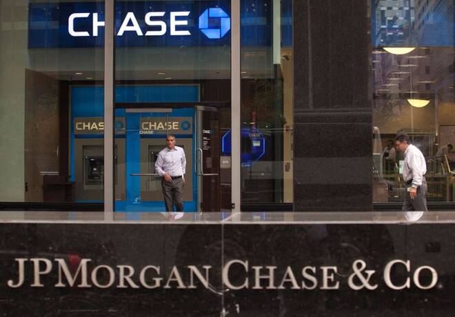 A customer exits the lobby of JPMorgan Chase & Co. headquarters in New York
