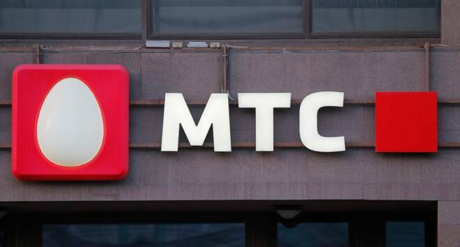 Logo of MTS mobile phone operator is seen on building in central Moscow