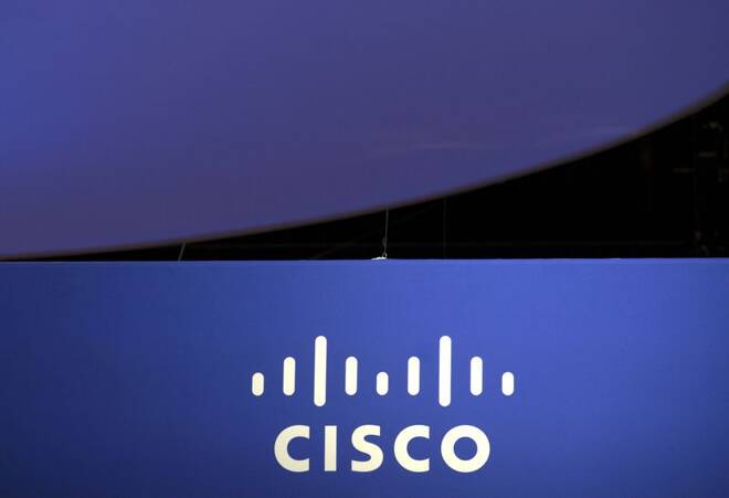 The Cisco Systems logo is seen as part of a display at the Microsoft Ignite technology conference in Chicago