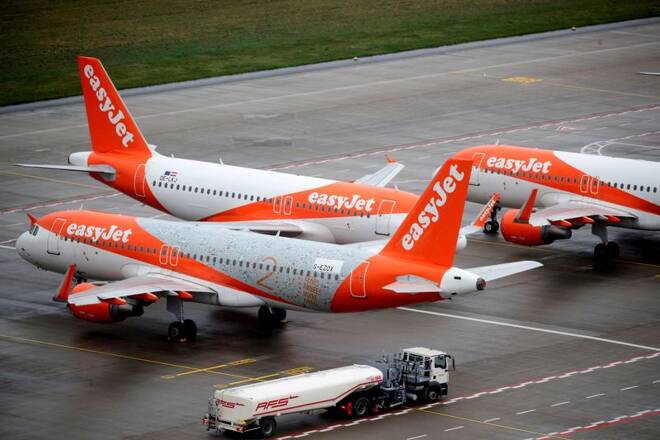EasyJet airplanes are parked on the tarmac at Berlin-Brandenburg Airport (BER) "Willy Brandt", in Schoenefeld near Berlin, Germany