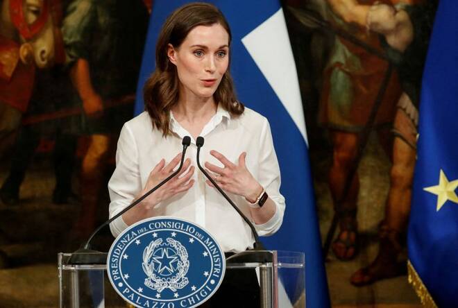 Finnish Prime Minister Sanna Marin speaks at a joint news conference