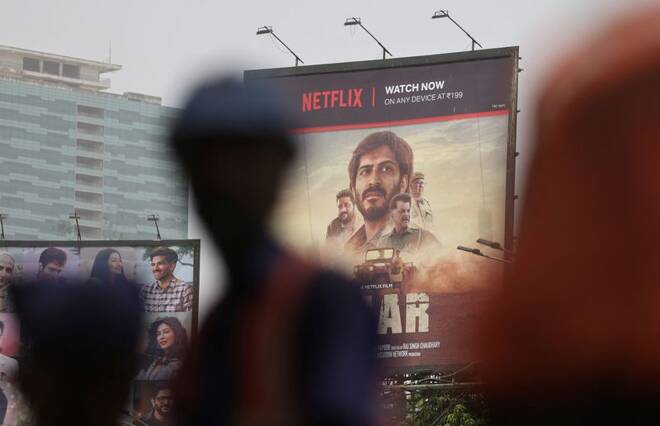 Billboard for the Netflix film "Thar" is seen on a street in Mumbai