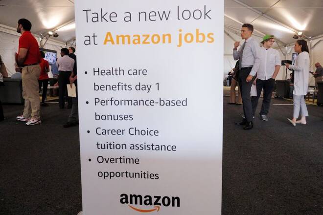 Potential job applicants line up to register for "Amazon Jobs Day" at the Amazon.com Fulfillment Center in Fall River
