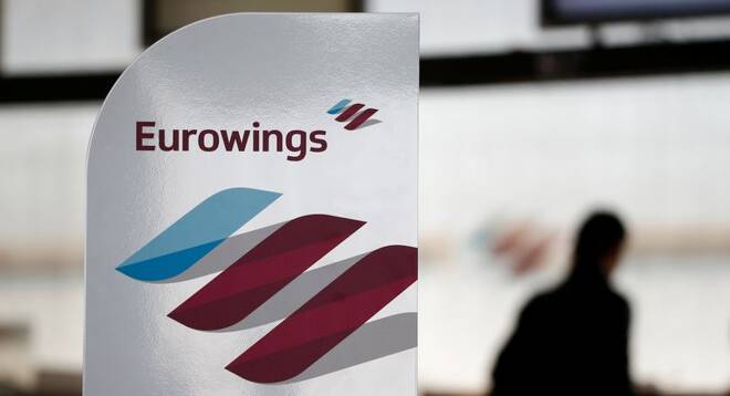 The logo of Lufthansa's low-cost brand Eurowings is seen at Cologne-Bonn airport
