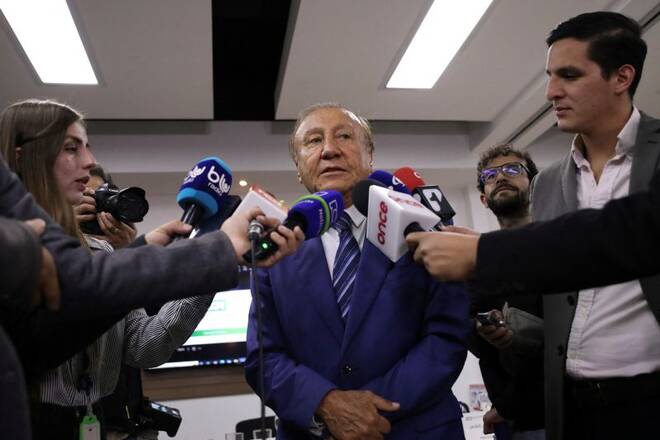 Colombian centre-right presidential candidate Rodolfo Hernandez of Anti-Corruption Rulers' League Party speaks to the press after a meeting with businessmen in Bogota