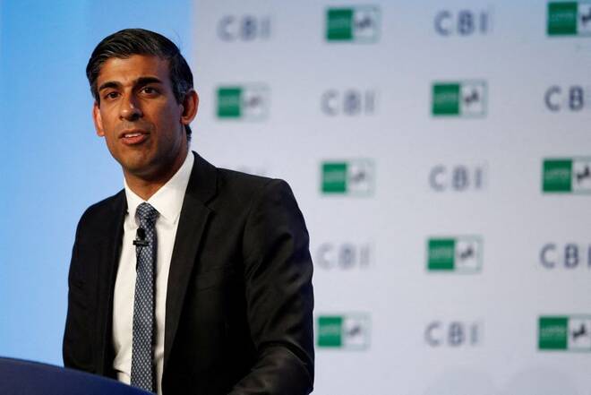 Britain's Chancellor of the Exchequer Rishi Sunak speaks at the CBI annual dinner, in London