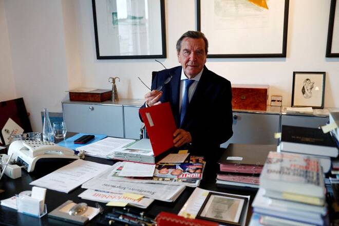 Former German Chancellor Gerhard Schroeder is pictured during an interview with Reuters in his office in Berlin