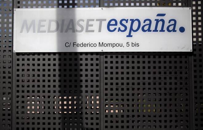A sign can be seen at the entrance of the Mediaset Espana headquarters outside Madrid, Spain