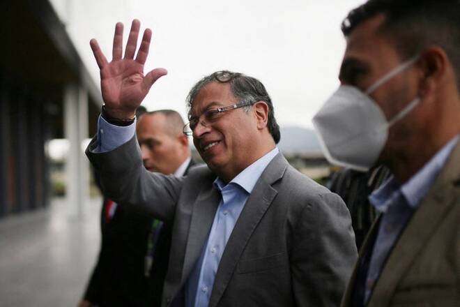 Colombian left-wing presidential candidate Gustavo Petro, of the Historic Pact coalition waves as he arrives to a debate in Bogota