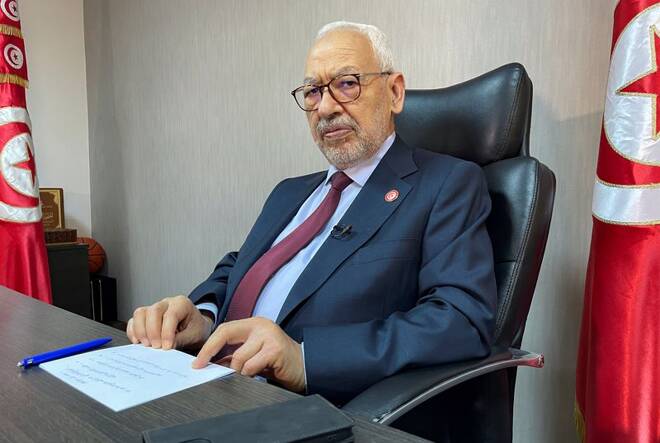 Tunisia's Rached Ghannouchi attends an interview with Reuters in Tunis