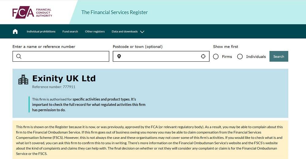 Exinity UK Ltd. (FXTM) on the FCA register