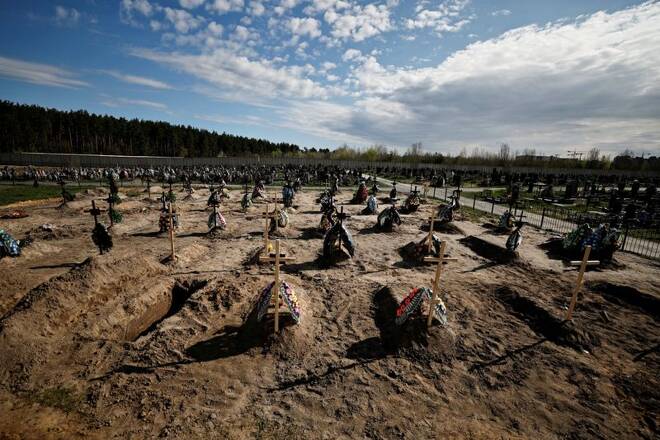 A view of new graves for people killed during Russia's invasion of Ukraine, at a cemetery in Bucha