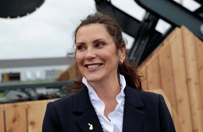 Michigan Governor Gretchen Whitmer visits the Ford Bronco off-road track during the Motor Bella 2021 auto show in Pontiac, Michigan