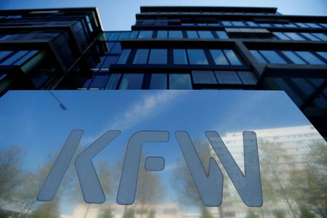The logo of KfW Bank is pictured at the bank's headquarters in Frankfurt